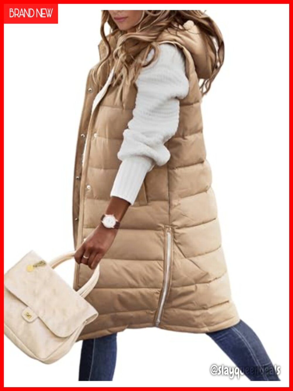Long Puffer Vest Women Sleeveless Quilted Hooded Winter Jacket